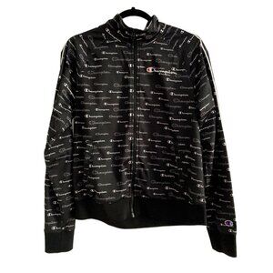 Champion All Over Logo Womens Zip Up Black Track Jacket Medium